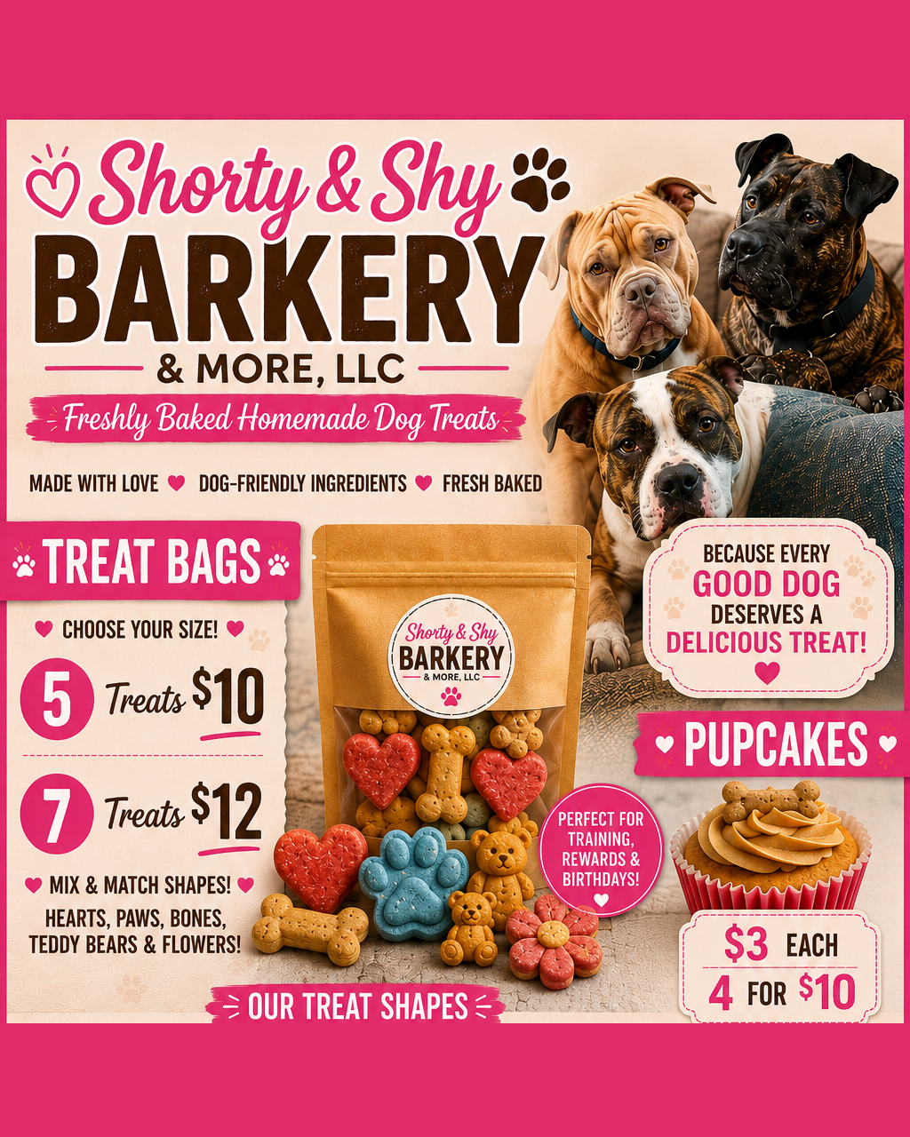 Shorty & Shy Barkery logo, our dogs, treat bag and a pupcake